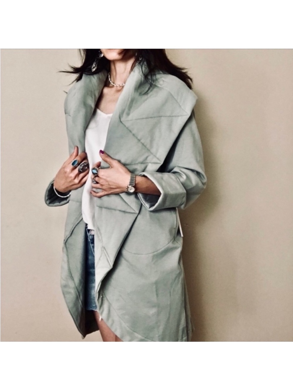 Young Fabulous & Brooke Women's Light Sage Open-Front Quilted Trench Coat, S/M
